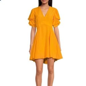State short puffed sleeve V-neck suede satin mini dress color autumn gold